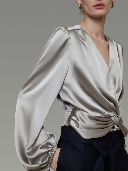 V-Neck Draped Satin Twist Blouse