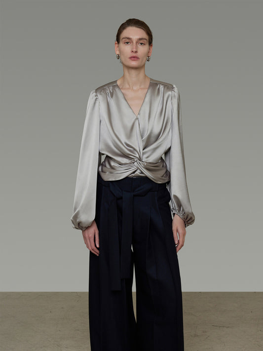 V-Neck Draped Satin Twist Blouse