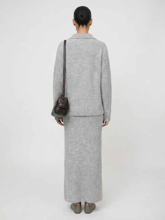 Relaxed Ribbed Knit Set | Polo Collar Pullover & Column Maxi Silhouette