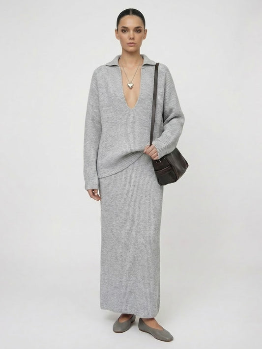 Relaxed Ribbed Knit Set | Polo Collar Pullover & Column Maxi Silhouette
