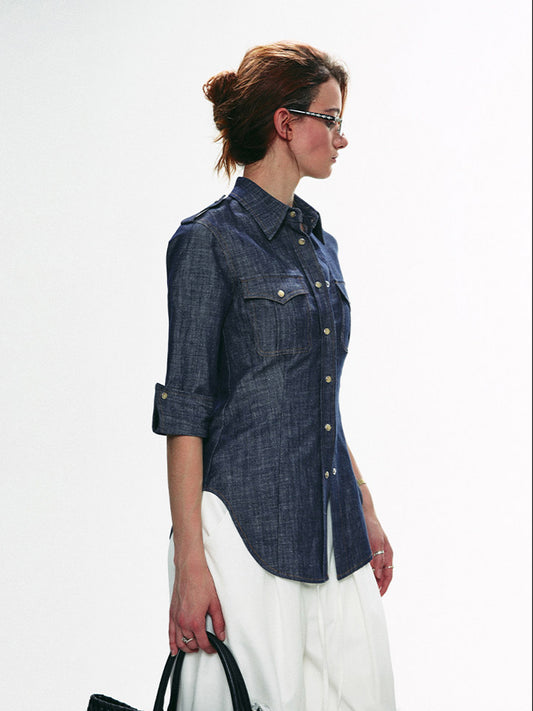 Tailored Utility Denim Shirt in Deep Indigo