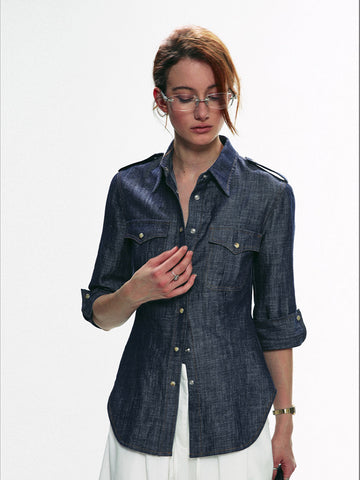 Tailored Utility Denim Shirt in Deep Indigo