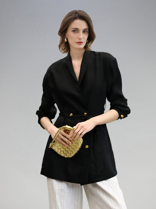 Textured Gold-Button Belted Blazer Jacket