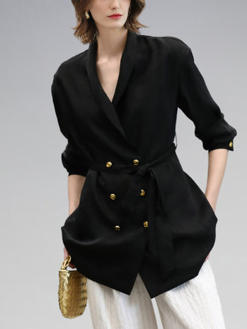 Textured Gold-Button Belted Blazer Jacket