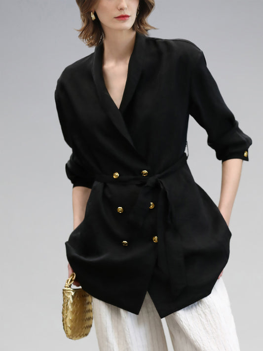 Textured Gold-Button Belted Blazer Jacket