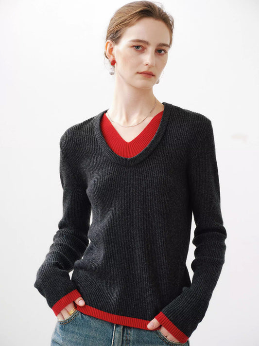 Layered Contrast V-Neck 100% Wool Sweater