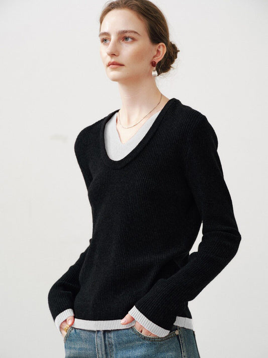 Layered Contrast V-Neck 100% Wool Sweater