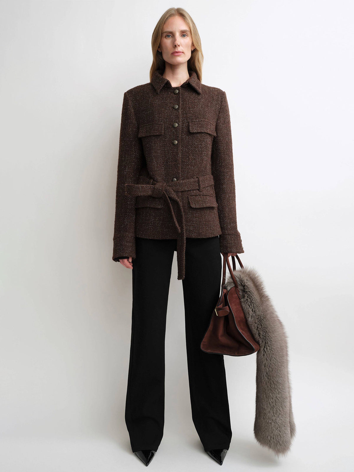 Belted Cinched-Waist Tweed Jacket – Cropped Wool Blend Spring Coat