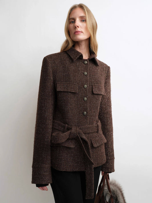 Belted Cinched-Waist Tweed Jacket – Cropped Wool Blend Spring Coat