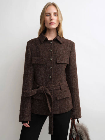 Belted Cinched-Waist Tweed Jacket – Cropped Wool Blend Spring Coat