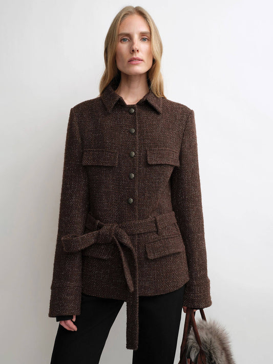Belted Cinched-Waist Tweed Jacket – Cropped Wool Blend Spring Coat