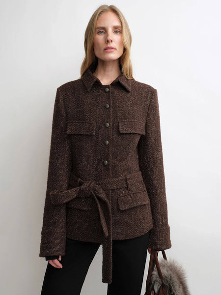 Belted Cinched-Waist Tweed Jacket – Cropped Wool Blend Spring Coat