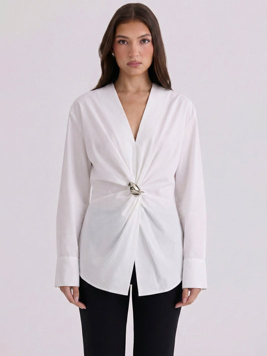 Metal-Buckle Asymmetrical Knot Shirt