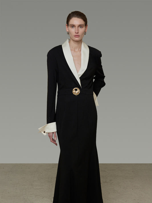 Satin-Spliced V-Neck Maxi Dress