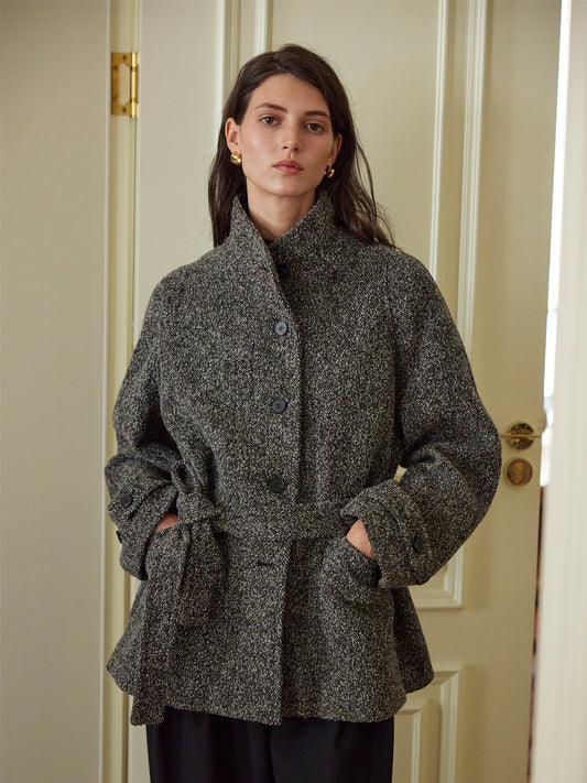 Bouclé Wool Stand-Collar Cinch Coat