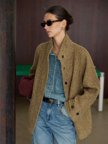 Bouclé Wool Stand-Collar Cinch Coat