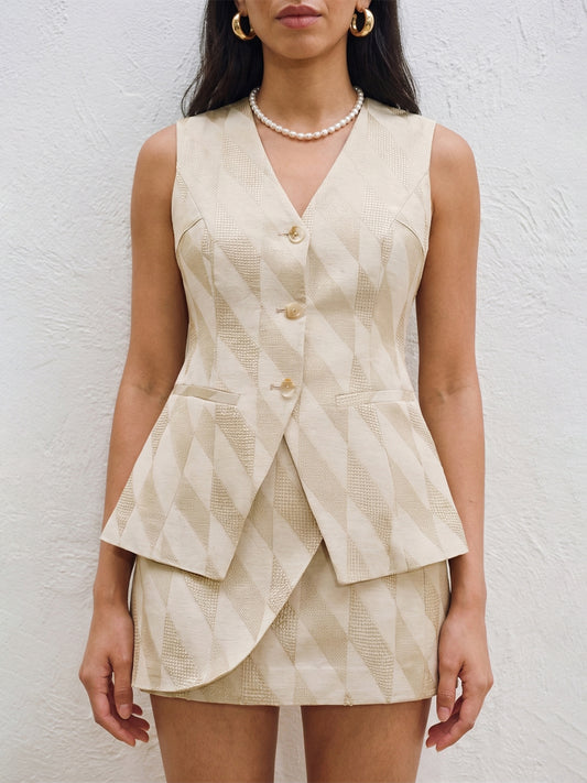 Summer Linen U-Neck Camisole and Mini Skirt Set Khaki Green