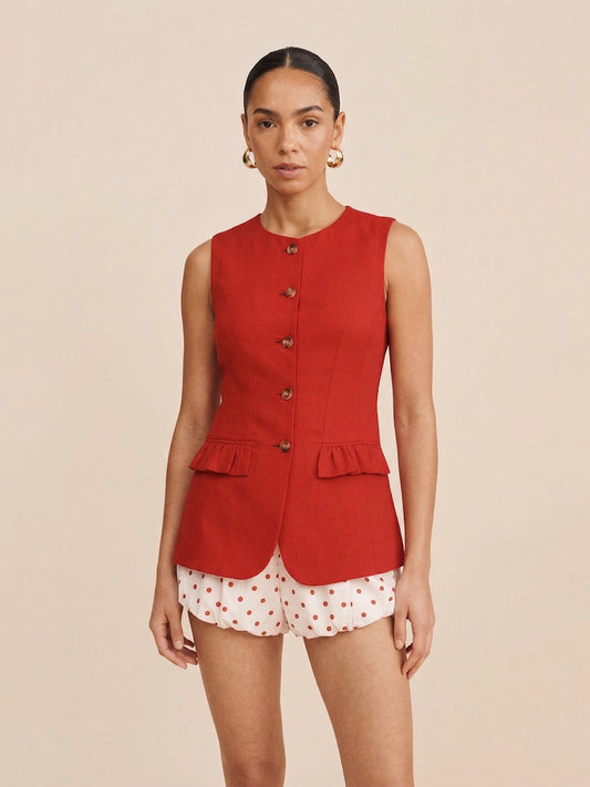 Playful Ruffled-Pocket Linen Vest Set