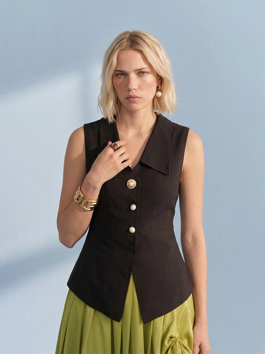 Pearl-Button Lyocell Linen Vest