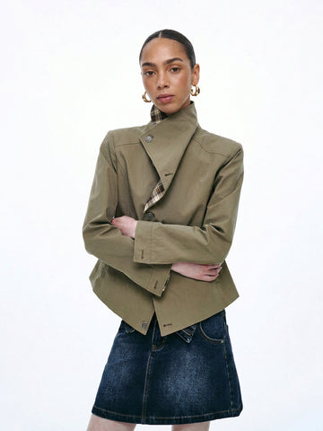 Moss Green Asymmetric Plaid Collar Jacket