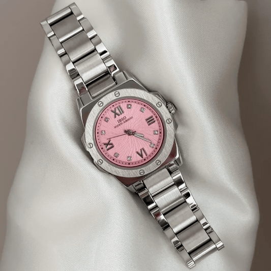 Delicate Chic: Pink Round Dial Watch with Silver Stainless Steel Bracelet