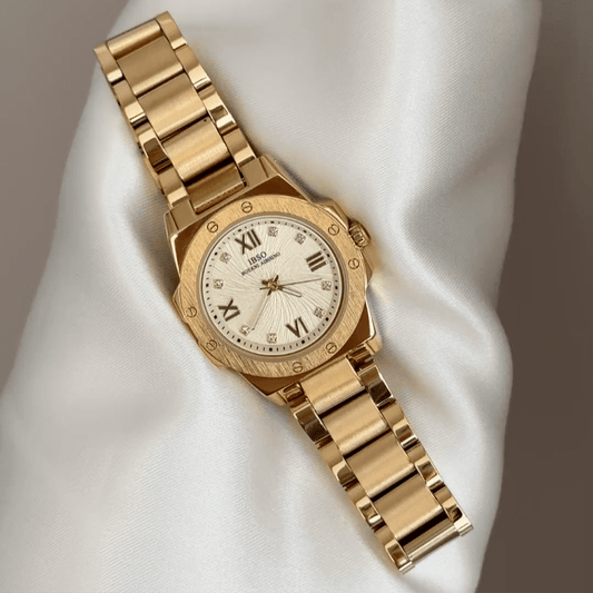 Statement Luxe: Gold Round Dial Watch with Gold Stainless Steel Bracelet