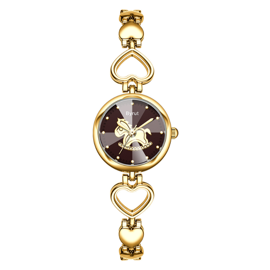 Creative Pony Heart Bracelet Watch for Women – Gold Chain with Red Round Dial