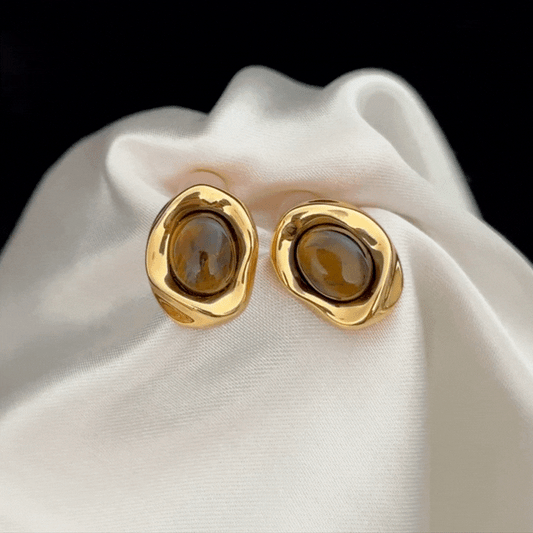 Tiger's Eye Resin Leopard Print Earrings - Silver Posts, Vintage Marble Style