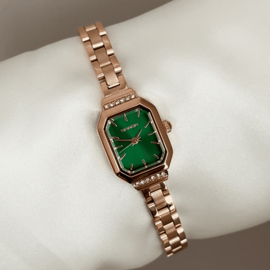 Luxe Glamour: Green Rectangular Dial Watch with Rose Gold Diamond Bezel & Bracelet