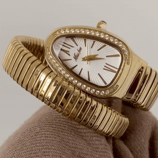 Luxury-inspired Gold Snake Head Bangle Watch – White Serpenti Dial