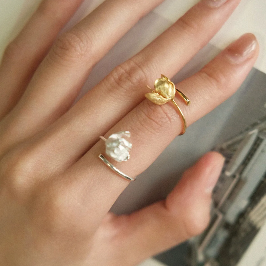 Tulip Open Ring in S925 Sterling Silver – Adjustable Gold Plated Floral Ring for Women