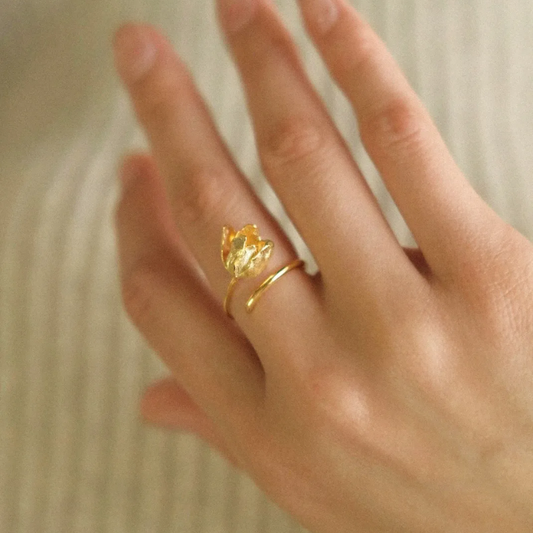 Tulip Open Ring in S925 Sterling Silver – Adjustable Gold Plated Floral Ring for Women