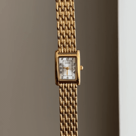 Modern Minimalist Elegant: White Rectangular Dial Watch with Gold Stainless Steel Bracelet
