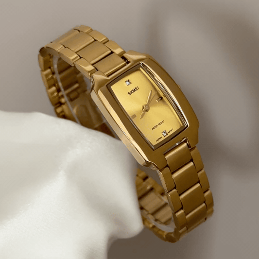 Refined Luxe: Gold Elongated Rectangular Dial Watch with Gold Stainless Steel Bracelet