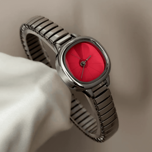 Silver-Toned Red Oval Dial Watch with Silver Expandable Stainless Steel Bracelet