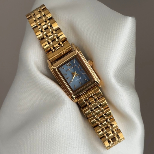 Gilded Sophistication: Blue Rectangular Dial Watch with Gold Stainless Steel Bracelet