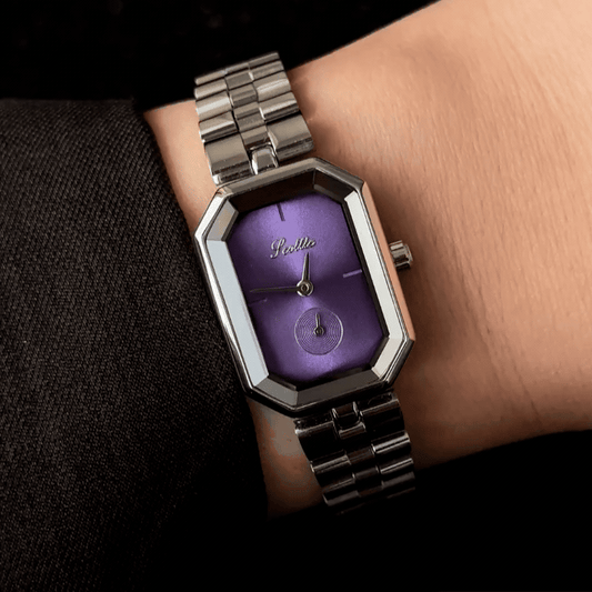 Purple Elegance: Purple Rectangular Dial Watch with Silver Stainless Steel Bracelet