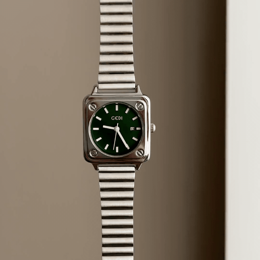 Geometric Elegance: Green Round Dial Watch with Silver Rectangular Bezel & Stainless Steel Bracelet