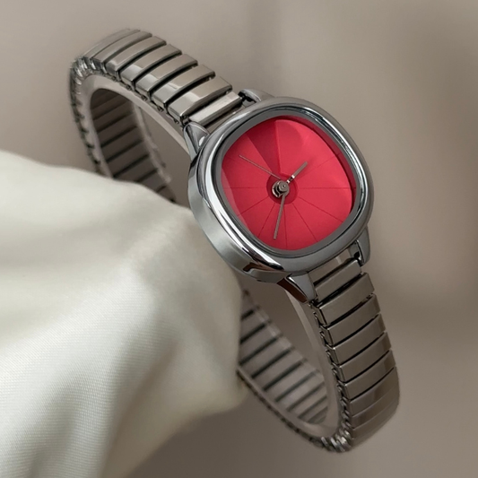Silver-Toned Red Oval Dial Watch with Silver Expandable Stainless Steel Bracelet