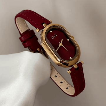 Elongated Sophistication: Red Elongated Oval Dial Watch with Gold Bezel & Red Microfiber Strap