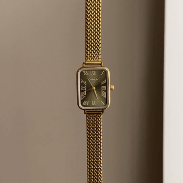 Gilded Charm: Green Rectangular Dial Watch with Gold Bezel & Wheat-Pattern Stainless Steel Bracelet