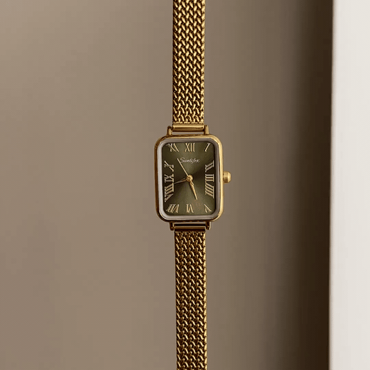 Gilded Charm: Green Rectangular Dial Watch with Gold Bezel & Wheat-Pattern Stainless Steel Bracelet