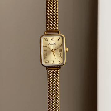 Geometric Luxe: Gold Rectangular Dial Watch with Gold Wheat Pattern Stainless Steel Bracelet
