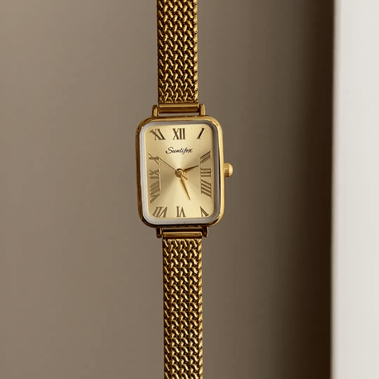 Geometric Luxe: Gold Rectangular Dial Watch with Gold Wheat Pattern Stainless Steel Bracelet