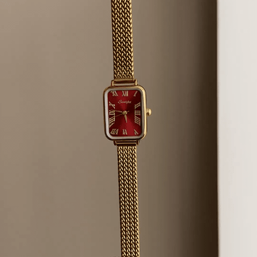 Bold Elegance: Red Rectangular Dial Watch with Gold Wheat Pattern Stainless Steel Bracelet