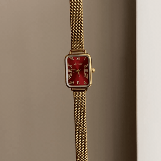 Bold Elegance: Red Rectangular Dial Watch with Gold Wheat Pattern Stainless Steel Bracelet