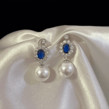 Versatile Silver Round Blue Zircon Pearl Drop Earrings for Women