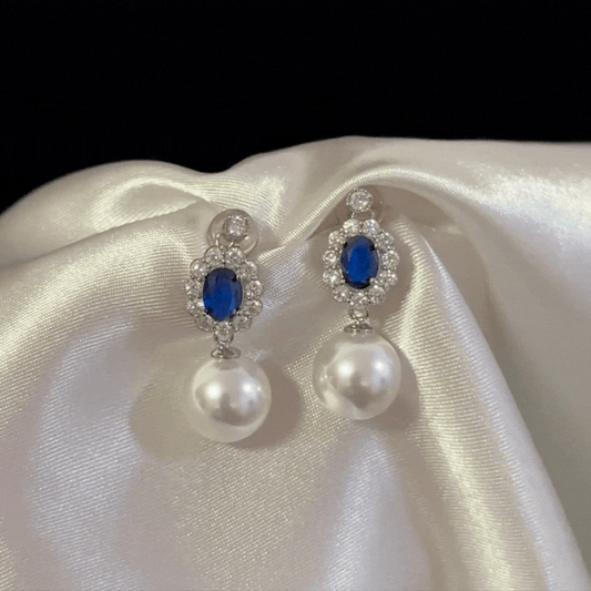 Versatile Silver Round Blue Zircon Pearl Drop Earrings for Women
