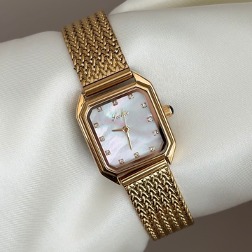 Timeless Grace : White Mother-of-Pearl Rectangular Dial Watch with Gold Bezel & Wheat-Pattern Bracelet