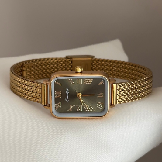 Gilded Charm: Green Rectangular Dial Watch with Gold Bezel & Wheat-Pattern Stainless Steel Bracelet